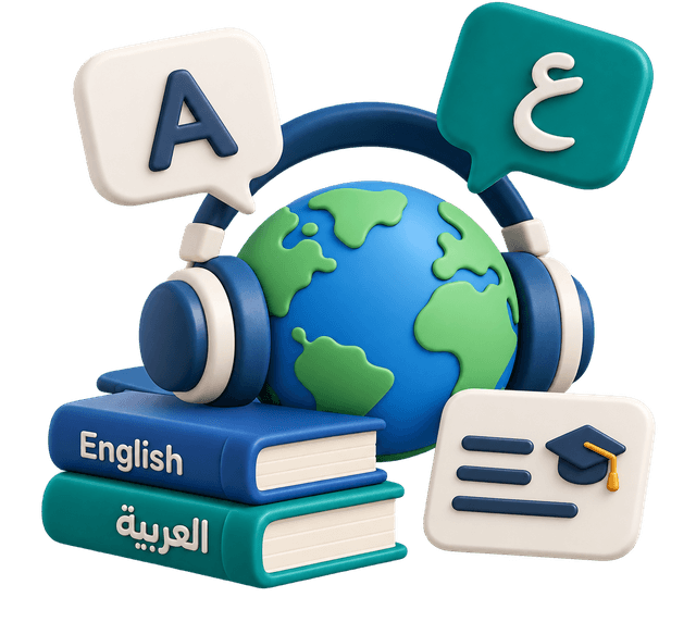 كرة أرضية وسماعات وكتب لغات